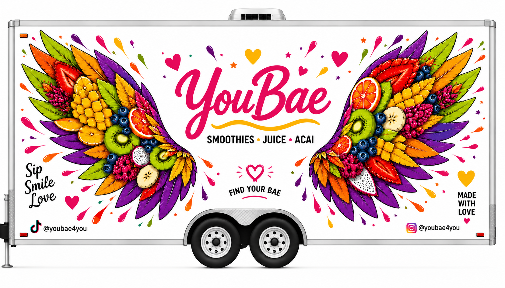 The colorful YouBae smoothie, juice and açaí trailer